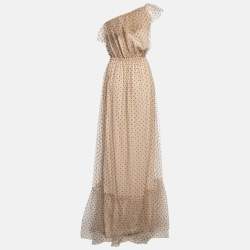 Gucci Beige Dot Embroidered Tulle One Shoulder Maxi Dress M