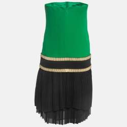 Pre Owned Gucci Green & Black Silk Pleated Strapless Dress S