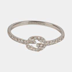 Gucci 18K White Gold Diamond Interlocking G Ring Size 16
