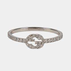 Gucci 18K White Gold Diamond Interlocking G Ring Size 16