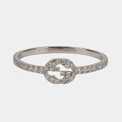 Gucci 18K White Gold Diamond Interlocking G Ring Size 16