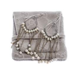 Gucci Pearl Bead 18k White Gold Hook Tassel Dangle Earrings