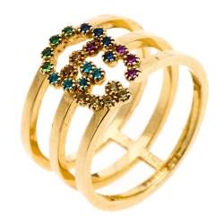 Gucci GG Running Multicolor Gemstones 18K Yellow Gold Ring Size 50.5