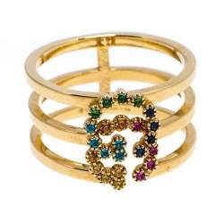 Gucci GG Running Multicolor Gemstones 18K Yellow Gold Ring Size 50.5