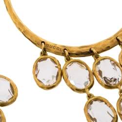 Gucci Crystal Hammered 18K Yellow Gold Dangle Hoop Earrings