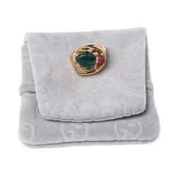 Pre Owned خاتم غوتشي كوكتيل ذهب أصفر عيار 18 ألماس حجر مرجان مالكيت هبيتي هورسبيت مقاس 54