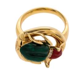 Pre Owned خاتم غوتشي كوكتيل ذهب أصفر عيار 18 ألماس حجر مرجان مالكيت هبيتي هورسبيت مقاس 54