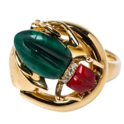 Pre Owned خاتم غوتشي كوكتيل ذهب أصفر عيار 18 ألماس حجر مرجان مالكيت هبيتي هورسبيت مقاس 54