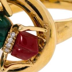 Pre Owned خاتم غوتشي كوكتيل ذهب أصفر عيار 18 ألماس حجر مرجان مالكيت هبيتي هورسبيت مقاس 54