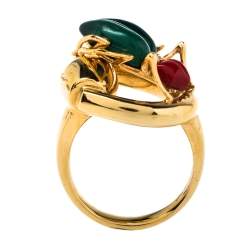 Pre Owned خاتم غوتشي كوكتيل ذهب أصفر عيار 18 ألماس حجر مرجان مالكيت هبيتي هورسبيت مقاس 54