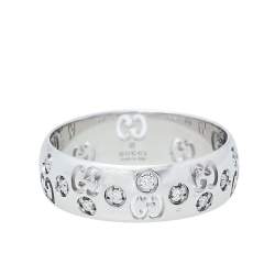 Gucci Icon Diamond 18K White Gold Bold Ring Size 57