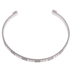 Gucci GG Motif 18K White Gold Narrow Open Cuff Bracelet 