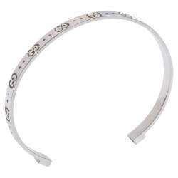 Gucci GG Motif 18K White Gold Narrow Open Cuff Bracelet 
