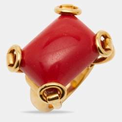 Gucci Horsebit Coral 18k Yellow Gold Cocktail Ring Size 53