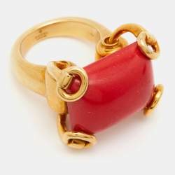 Gucci Horsebit Coral 18k Yellow Gold Cocktail Ring Size 53