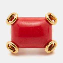 Gucci Horsebit Coral 18k Yellow Gold Cocktail Ring Size 53