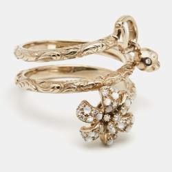 Gucci Flora Diamond Moonstone 18K Rose Gold Textured Wrap Charm Ring Size 54
