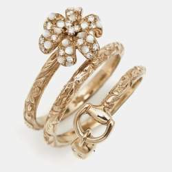 Gucci Flora Diamond Moonstone 18K Rose Gold Textured Wrap Charm Ring Size 54