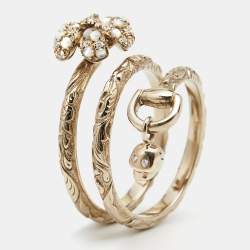 Gucci Flora Diamond Moonstone 18K Rose Gold Textured Wrap Charm Ring Size 54