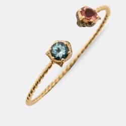 Pre Owned Gucci Marche des Merveilles Feline Diamond Aquamarine Pink Tourmaline 18K Yellow Gold Cuff Bracelet 16