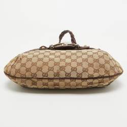 Pre Owned Gucci Brown/Beige GG Canvas and Leather Horsebit Flap Hobo