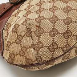 Pre Owned Gucci Brown/Beige GG Canvas and Leather Horsebit Flap Hobo