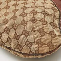Pre Owned Gucci Brown/Beige GG Canvas and Leather Horsebit Flap Hobo