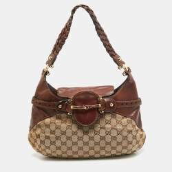 Pre Owned Gucci Brown/Beige GG Canvas and Leather Horsebit Flap Hobo