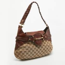 Pre Owned Gucci Brown/Beige GG Canvas and Leather Horsebit Flap Hobo