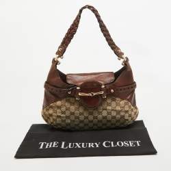 Pre Owned Gucci Brown/Beige GG Canvas and Leather Horsebit Flap Hobo