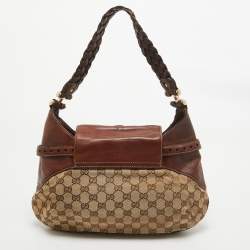 Pre Owned Gucci Brown/Beige GG Canvas and Leather Horsebit Flap Hobo