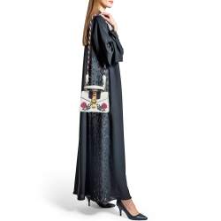 Pre Owned Gucci Off White Leather Mini Floral Patch Sylvie Top Handle Bag