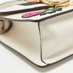Pre Owned Gucci Off White Leather Mini Floral Patch Sylvie Top Handle Bag