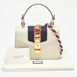 Pre Owned Gucci White Leather Mini Web Sylvie Top Handle Bag