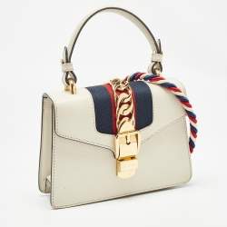 Pre Owned Gucci White Leather Mini Web Sylvie Top Handle Bag