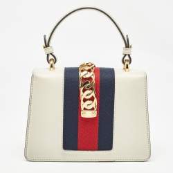 Pre Owned Gucci White Leather Mini Web Sylvie Top Handle Bag
