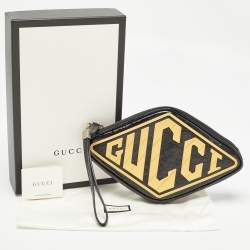 Pre Owned Gucci Black/Yellow Patent Leather and Rubber Game Patch Wristlet Clutch