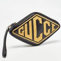 Pre Owned Gucci Black/Yellow Patent Leather and Rubber Game Patch Wristlet Clutch
