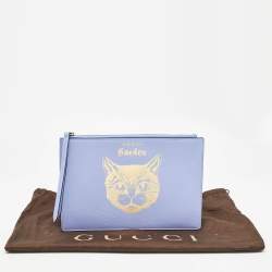 Pre Owned Gucci Purple/Gold Leather Garden Cat Zip Pouch
