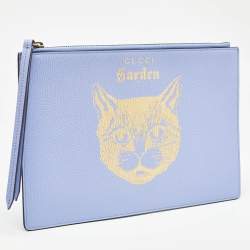 Pre Owned Gucci Purple/Gold Leather Garden Cat Zip Pouch