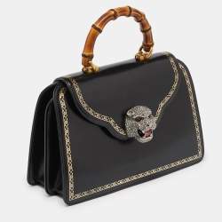 Pre Owned Gucci Black Leather Medium Thiara Lisse Cornice Crystal Bamboo Top Handle Bag