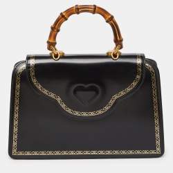 Pre Owned Gucci Black Leather Medium Thiara Lisse Cornice Crystal Bamboo Top Handle Bag