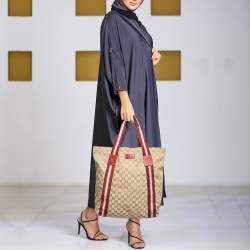 Pre Owned Gucci Beige/Red GG Canvas Web Shopper Tote
