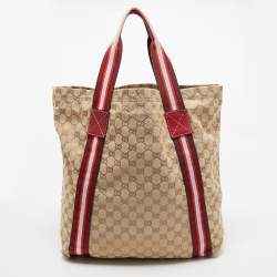 Pre Owned Gucci Beige/Red GG Canvas Web Shopper Tote