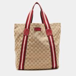Pre Owned Gucci Beige/Red GG Canvas Web Shopper Tote