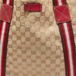 Pre Owned Gucci Beige/Red GG Canvas Web Shopper Tote