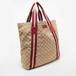 Pre Owned Gucci Beige/Red GG Canvas Web Shopper Tote