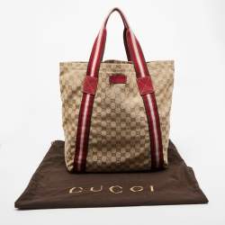 Pre Owned Gucci Beige/Red GG Canvas Web Shopper Tote