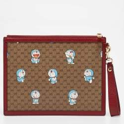 Pre Owned Gucci x Doraemon Red/Beige Mini GG Supreme and Doraemon Canvas Pouch
