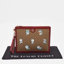 Pre Owned Gucci x Doraemon Red/Beige Mini GG Supreme and Doraemon Canvas Pouch
